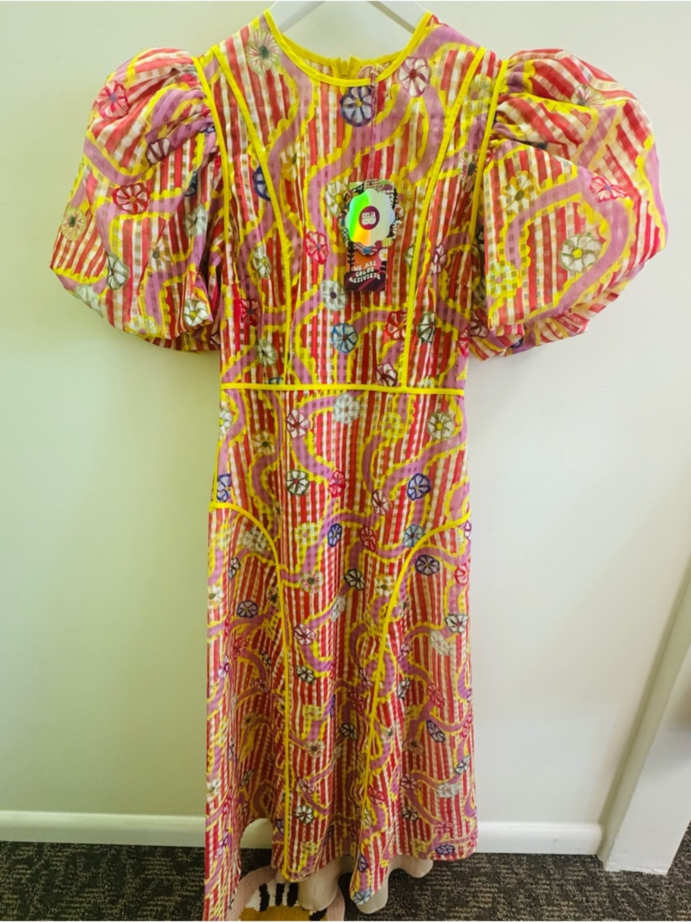 Celia b Nammu Vibrant Puff-Sleeve Floral Stripe Maxi Dress NWT